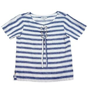 Madewell Stripe Top Blue White Lace Up Coastal Nautical Resort Euro Summer XXS